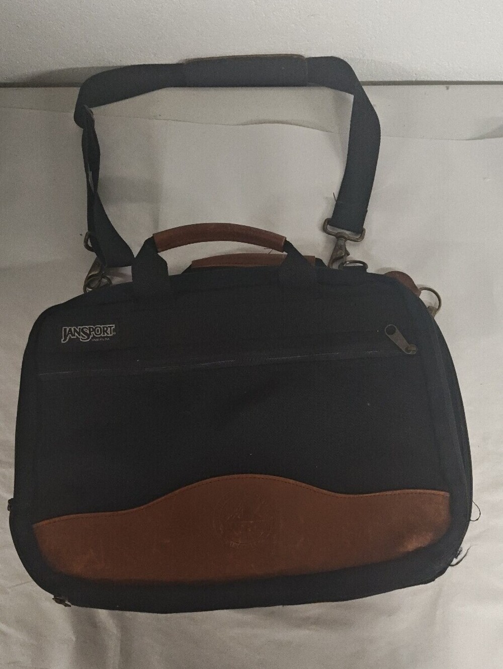 Vintage JanSport Made USA Briefcase Messenger Laptop Bag Black Leather Trim 90s
